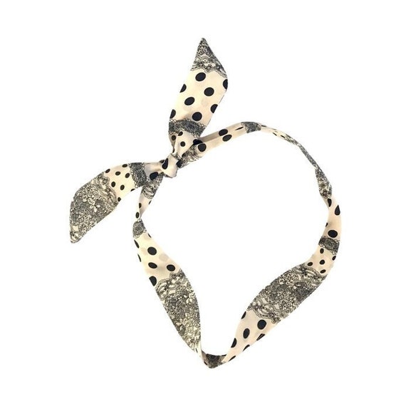 Super Skinny Hair Scarf. Silky Fabric Hair Tie for Ponytail, Bun or Braid. Polka Dots, Black and Cream. Offered in 3 widths. Ready to Ship