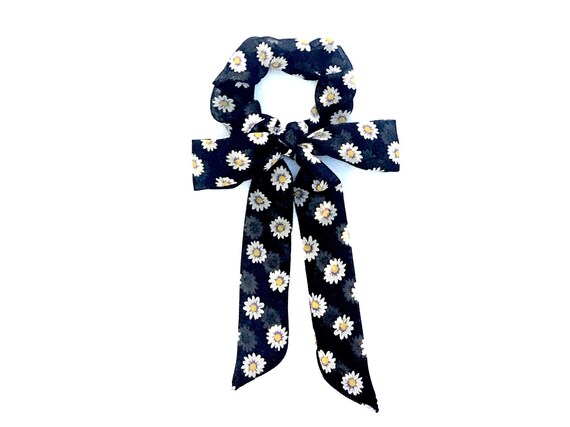 Convertible Black Daisy Hair Scarf Scrunchie with Tail for Bun, Ponytail, or Braid - Women's Accessory