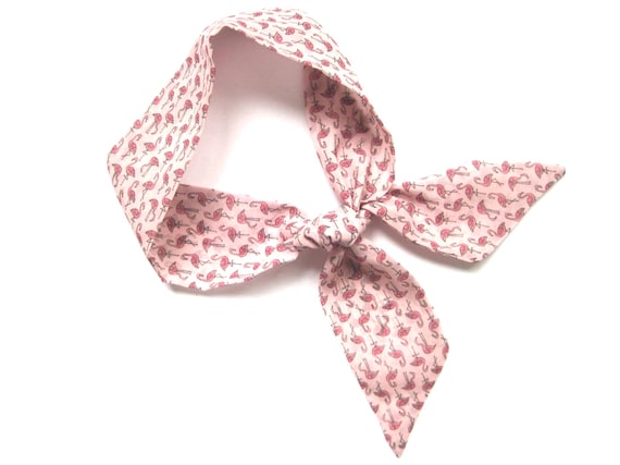 Cute flamingo short hair scarf. Fabric hair tie for ponytail, messy bun, braid or handbag. Small, skinny women's neck scarf. Ready to Ship