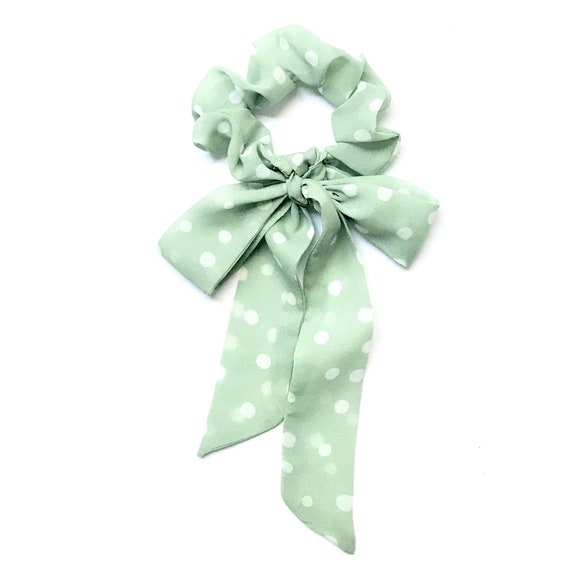 Scarf scrunchie with tail for bun, braid or ponytail. Green and white polka dot fabric hair tie for women, teen or tween. Ready to Ship