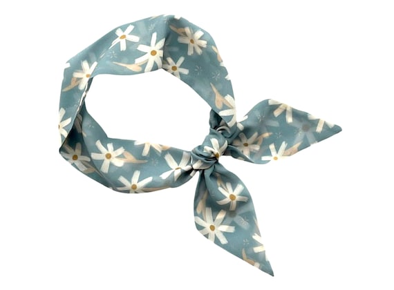 Blue floral short hair scarf. Fabric hair tie for ponytail, bun. braid or handbag. Thin, small. skinny women's neck scarf.  Ready to Ship