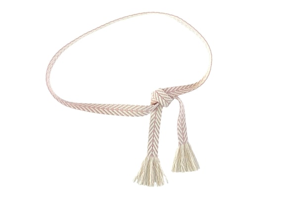 Bohemian Woven Wrap Belt for Women.  Adjustable Skinny Fringe Sash Tie in Light Pink and Cream - One Inch Wide - Ready To Ship