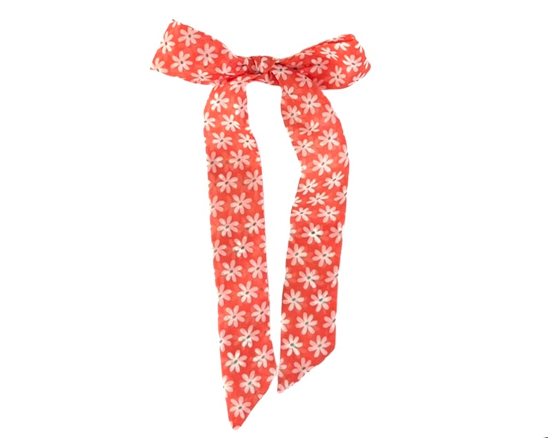 Head scarf for women. Daisy print hair scarf for ponytail, braid or bun.Thin, small, mini fabric hair tie. Cute fashion accent.Ready to Ship image 1