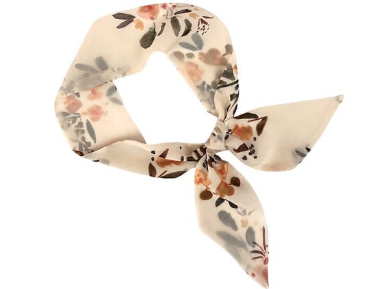 Short hair scarf. Floral skinny scarf for ponytail, bun, top knot or handbag. Thin cream neck scarf for women. Ready to Ship