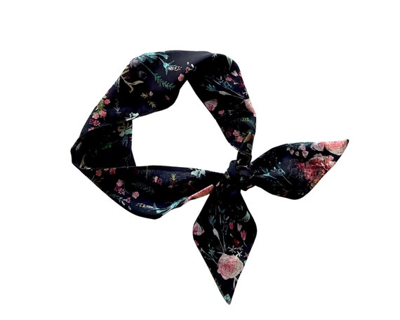 Short hair scarf. Floral skinny scarf for ponytail, bun, top knot or handbag. Thin cream neck scarf for women. Ready to Ship