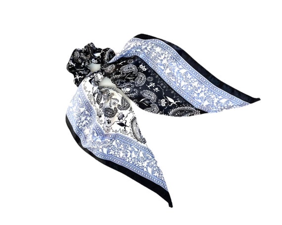 Extra long tail scrunchie for ponytail or bun. Modern women's hair scarf scrunchy. Petite neck scarf option. Ready to Ship