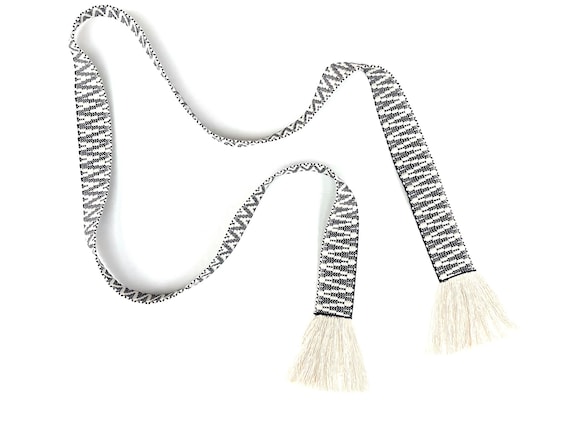 Handcrafted Navy & Cream Woven Wrap Sash Belt with Fringe for Women, Teens - Adjustable Skinny Tie - Ready to Ship