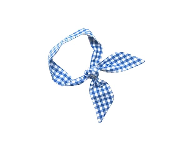 Cotton gingham short hair scarf. Fabric hair tie for ponytail, messy bun, top knot or handbag. Royal blue women's neck scarf. Ready to Ship