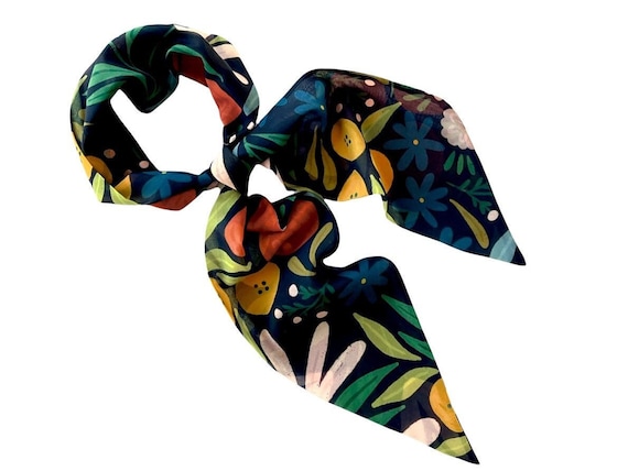 Versatile Black Botanical Scarf for Hair, Neck, or Hat - Spring to Fall - Ready to Ship