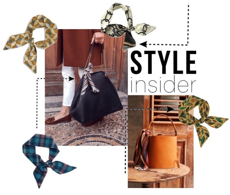 May include: A collage of images featuring different styles of scarves and handbags. The scarves are in various patterns and colors, including geometric, floral, and plaid. The handbags are a black tote bag and a brown bucket bag. The text "STYLE insider" is featured in the center of the image.