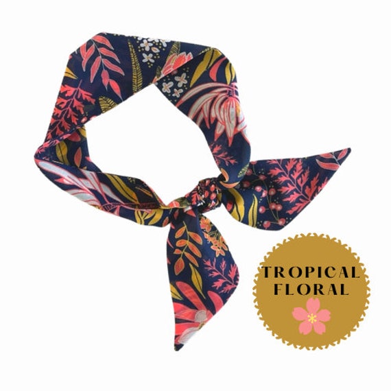 Short hair scarf. Fabric hair tie for ponytail, bun, braid, top knot, handbag. Thin, small, floral lightweight skinny neck scarf for women.