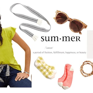 May include: A summer-themed flat lay featuring a green t-shirt, a black and white chevron belt, a pair of brown tortoise shell sunglasses, a white tote bag with colourful flower designs, a pair of yellow and white gingham socks, a pair of pink socks, a wooden beaded bracelet with a white tassel, and the word "summer" written in black text with a definition.