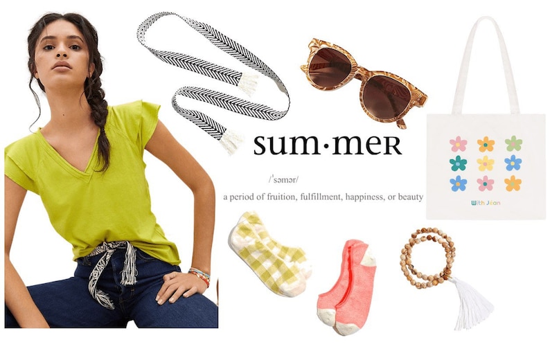 May include: A summer-themed flat lay featuring a green t-shirt, a black and white chevron belt, a pair of brown tortoise shell sunglasses, a white tote bag with colourful flower designs, a pair of yellow and white gingham socks, a pair of pink socks, a wooden beaded bracelet with a white tassel, and the word "summer" written in black text with a definition.