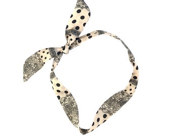 Extra Narrow Hair Scarf. Silky Fabric Hair Tie for Ponytail, Bun or Braid. Polka Dots. Black and Cream. Offered in 3 widths. Ready to Ship