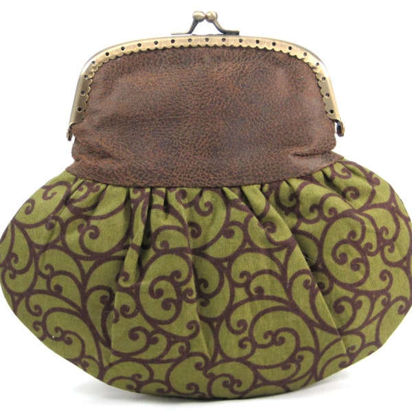 Framed Clutch Purse Small Faux Leather Pouch Brown Green