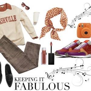 May include: A collage of items including a beige sweater with "NASHVILLE" printed on the front, plaid pants, a black purse, black loafers, a floral patterned scarf, a pair of red and purple sneakers, a small orange instant camera, a brown ukulele, and a pink lipstick.