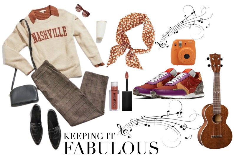 May include: A collage of items including a beige sweater with "NASHVILLE" printed on the front, plaid pants, a black purse, black loafers, a floral patterned scarf, a pair of red and purple sneakers, a small orange instant camera, a brown ukulele, and a pink lipstick.