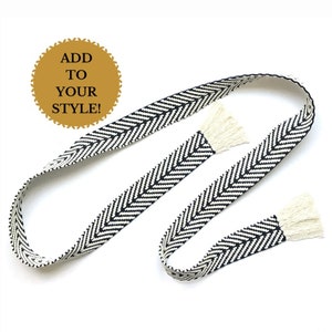 Woven wrap sash belt for women, teen or tween. Adjustable skinny tie belt with fringe in black and cream. Ready to Ship