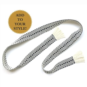 Woven wrap sash belt for women, teen or tween. Adjustable skinny tie belt with fringe in black and cream. Ready to Ship