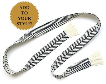 Adjustable Woven Wrap Sash Belt with Fringe for Women, Teens - Black and Cream Skinny Tie Fashion Accessory - Ready to Ship