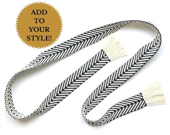 Woven wrap sash belt for women, teen or tween. Adjustable skinny tie belt with fringe in black and cream. Ready to Ship