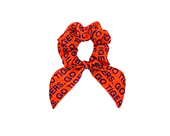 Clemson University bunny ear scrunchie for ponytail, bun or top knot. Cute Tigers apparel gift for alumni, student or fan. Ready to Ship
