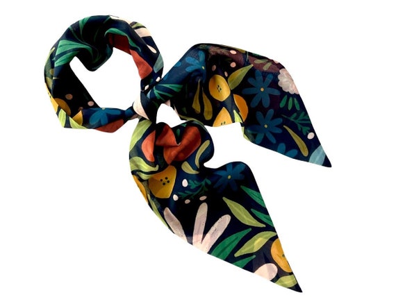 Ladies wide scarf to use as a long neck tie, hair wrap or hat scarf. Black botanical floral scarf for spring, summer or fall. Ready to Ship