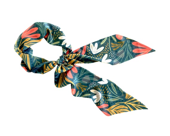 Ladies wide neck tie scarf. Use also as hair wrap or floppy hat scarf. Lightweight floral chiffon belt sash. Ready to Ship