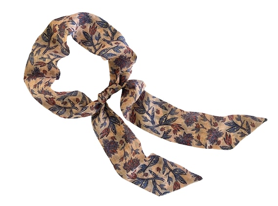 Floral long skinny scarf to use as a head wrap, ponytail, bun, hair bow or handbag scarf. Skinny women's neck scarf. Ready to Ship