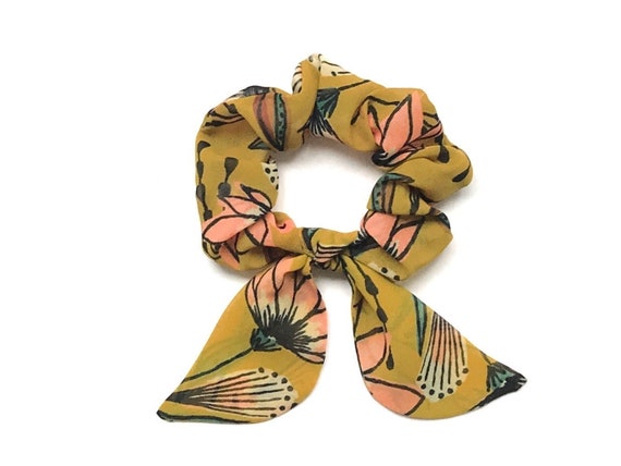 Petite bunny ear hair scrunchie scarf for ponytail, bun or braid. Rabbit ear scunchy in yellow floral Hawaiian print. Ready To Ship
