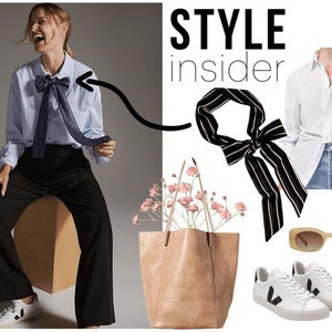 May include: Fashion-themed image with a woman wearing a light blue button-down shirt and black pants, paired with a striped bow tie. Accessories include a tote bag with flowers, sunglasses, and white sneakers. The text "STYLE insider" is visible.