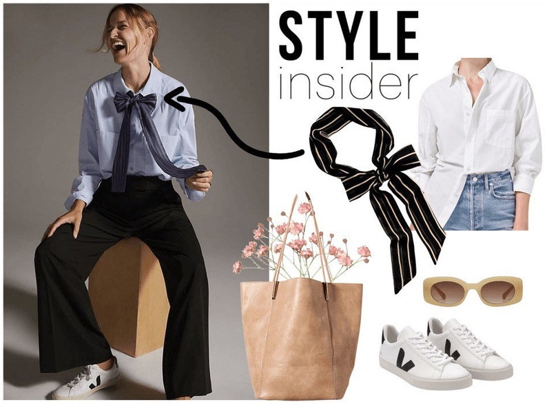 May include: Fashion-themed image with a woman wearing a light blue button-down shirt and black pants, paired with a striped bow tie. Accessories include a tote bag with flowers, sunglasses, and white sneakers. The text "STYLE insider" is visible.