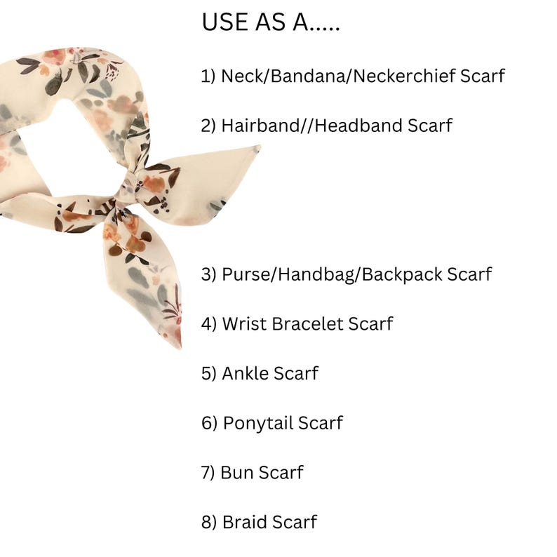 Floral Skinny Scarf for Hair, Neck, or Handbag - Cream Fabric Accessory for Women - Ready to Ship image 3