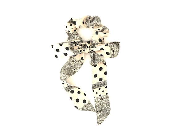 Polka dot scarf scrunchie with tail for bun or ponytail. Beige and black fabric hair tie for woman, teen or tween. Ready to Ship