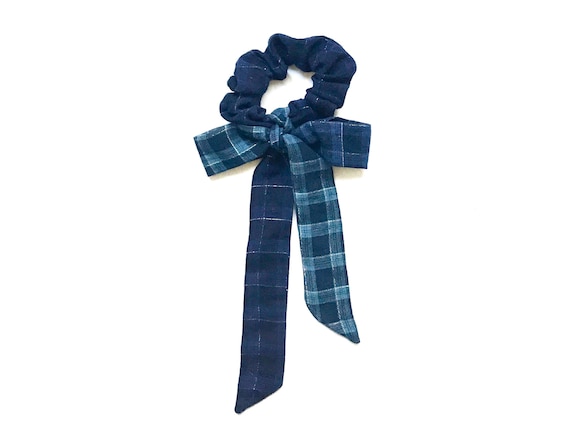Blue elastic hair scarf scrunchie with tail for ponytails. Plaid bow for women, teens.  Affordable and Ready to Ship