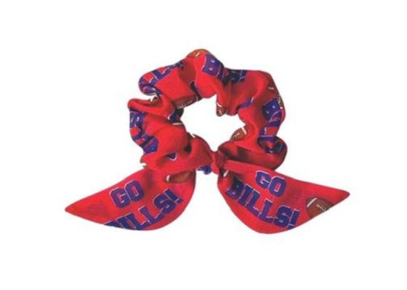 Buffalo Bills bunny ear scrunchie for ponytail, bun or top knot. NFL Bill apparel gift. Ready to Ship