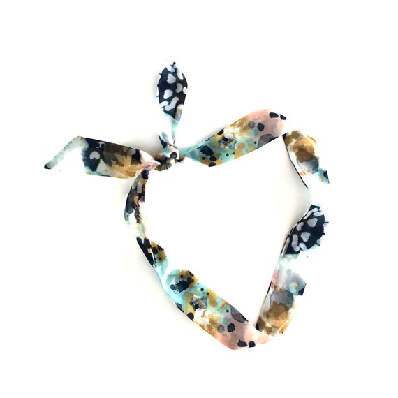 Watercolor fabric bow hair tie for ponytail, bun, braid or handbag. Ready to Ship