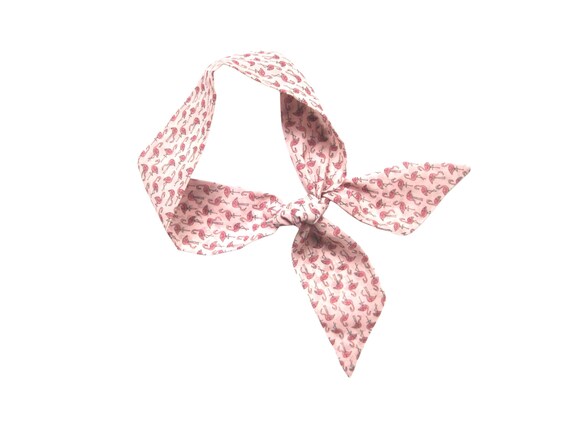 Flamingo Skinny Scarf, Pink Chiffon Hair Wrap with Coral Bird for Ponytail, Bun, Braid, Neck, or Handbag Accessory