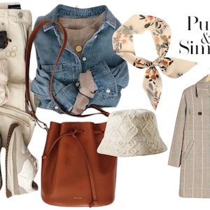 May include: A fall fashion outfit featuring a white denim jacket, a brown leather bucket bag, a white knit hat, a pair of white sneakers, a beige and brown plaid coat, and a floral patterned scarf. The text "Pure & Simple" is displayed in the top right corner of the image.