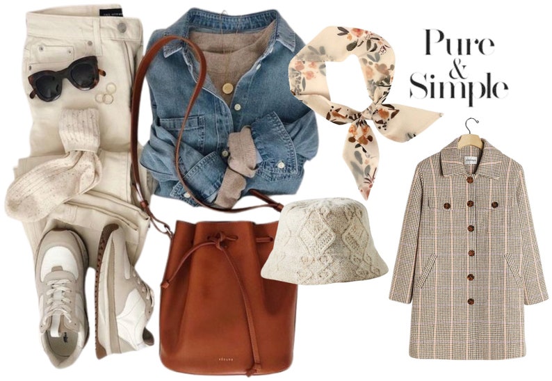 May include: A fall fashion outfit featuring a white denim jacket, a brown leather bucket bag, a white knit hat, a pair of white sneakers, a beige and brown plaid coat, and a floral patterned scarf. The text "Pure & Simple" is displayed in the top right corner of the image.
