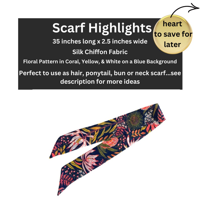 May include: A floral patterned scarf in coral, yellow, and white on a blue background. The scarf is made of silk chiffon fabric and is 35 inches long by 2.5 inches wide.