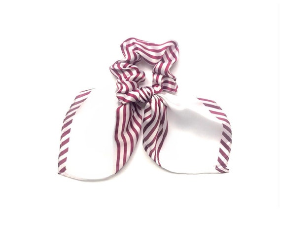 Red and white striped scrunchie hair scarf for ponytail or bun. Elastic soft hair tie bow for women, teen tween. Ready To Ship