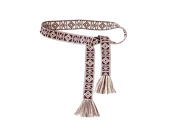 Adjustable Woven Wrap Sash Belt with Fringe for Women, Teens - Maroon and Cream Skinny Tie Fashion Accessory