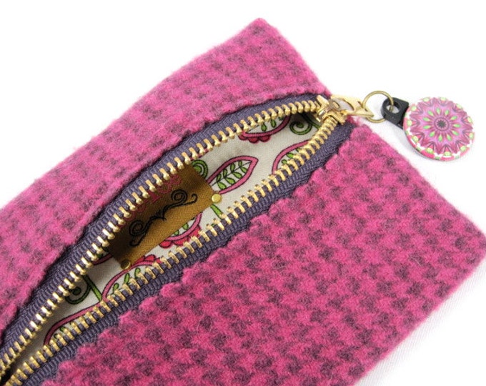 Pouch Coin Purse Zipper Pouch Wool Fuchsia Houndstooth Etsy