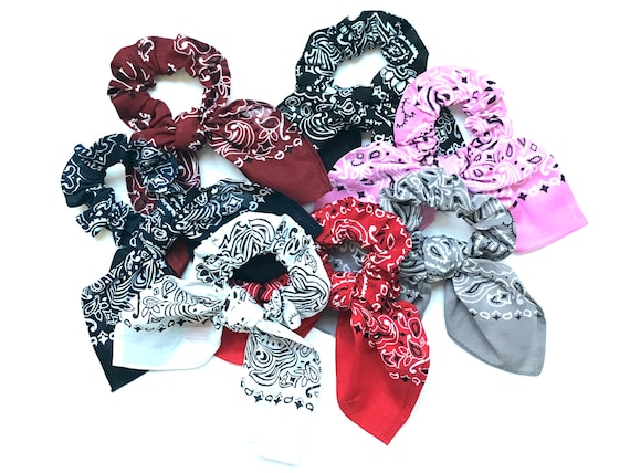 Bandana Print Scrunchie Scarf for Ponytail or Messy Bun. Multiple Color Scrunchie Pack for Women Teen Tween. Under 20 Dollars, Ready to Ship