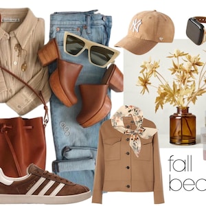 May include: A fall fashion and beauty collage featuring a brown suede baseball cap, a brown leather bucket bag, a pair of brown leather clogs, a pair of brown leather sneakers, a light brown button-down shirt, a pair of blue jeans, a light brown jacket, a floral scarf, a clear glass vase with dried flowers, and three small jars of skin care products labeled "Elemis". The text "fall beauty" is written in white letters on a brown background.