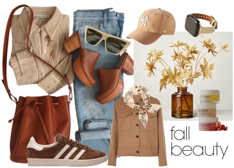 May include: A fall fashion and beauty collage featuring a brown suede baseball cap, a brown leather bucket bag, a pair of brown leather clogs, a pair of brown leather sneakers, a light brown button-down shirt, a pair of blue jeans, a light brown jacket, a floral scarf, a clear glass vase with dried flowers, and three small jars of skin care products labeled "Elemis". The text "fall beauty" is written in white letters on a brown background.