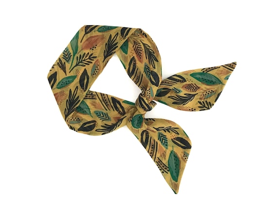 Short hair scarf. Fabric hair tie for ponytail, bun, top knot or handbag. Small, skinny woman's neck scarf. Autumn Leaves. Ready to ship
