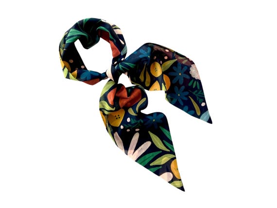 Versatile Black Botanical Scarf for Hair, Neck, or Hat - Spring to Fall - Ready to Ship