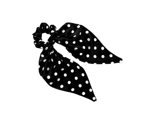 Long tail scrunchie for women. Modern convertible scrunchy for ponytail or bun. White and black polka dot hair fashion accent. Ready to Ship